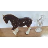 Cut-glass model of oa rearing horse together with an unmarked oversized porcelain Shire horse (2)