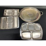 Fine quality etched, early 20thC serving tray together with 3 modernist 1970s stainless steel