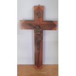 European, early/mid 20thC inlaid wooden wall hanging cross with gilt metal Christ, 31cm tall