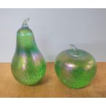 Two John Ditchfield (Glasform) coloured green glass fruit (Pear and Apple) paperweights (2)