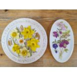 Watersmeet, two hand-painted ceramic floral hanging wall plaques (2)