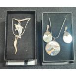 925 silver with MOP earrings and pendent together with 2 silver chains with horn and Dolphin