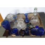 Box of blue glass items and other vintage decorative glass ware and decanters etc (Qty)
