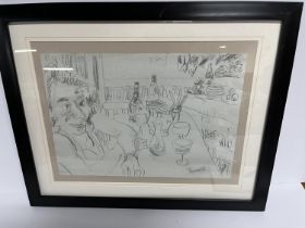 Graphite sketch depicting a lady sat at a cafe table which bears the signature Bonnard in plain