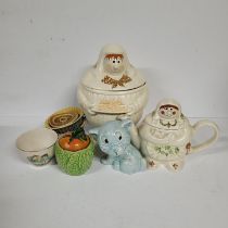 Wade Peasants tea pot, cookie jar, primrose bowl, candle stick holder and quack quack cup (Qty)