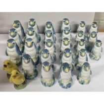 Large collection of Wade style penguins with two chickens (Qty)