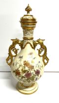 large Royal Worcester antique, blush ivory lidded vase with 2 gilded handles in the form of Sea-