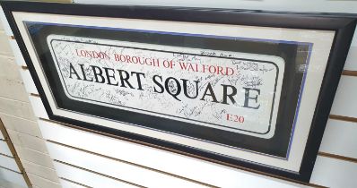 Ultra rare, framed "Albert Square" sign signed by dozens and dozens of the cast including Pat St