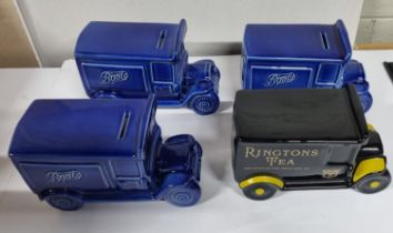 Three Wade Boots van money boxed and one Ringtons tea van money box