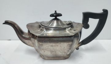 Edward Viner, Sheffield, engraved silver teapot 710 grams gross