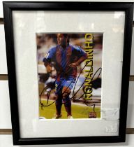 Rare Ronaldinho signature in Barcelona shirt, framed