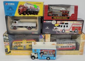 Collection of seven die cast trucks and buses including corgi Bulwark transportation (7)
