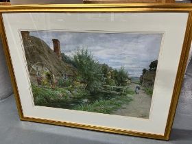 Large, Tom CLOUGH (1867-1943) watercolour "A Devonshire village" presented in a modern double