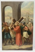 Pair of large, unsigned oil on metal panels from "Stations of the Cross" scenes (2), both