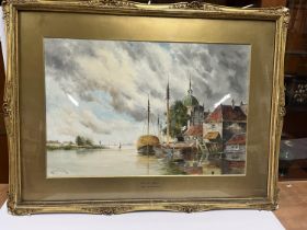 Louis Van Staaten (1836-1909) watercolour "On the Maas, Holland" in original gilt mount and gesso