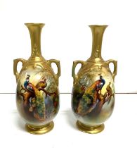 Pair Royal Worcester double handled vases both with matching hand-painted pheasants, signed F J