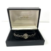 Boxed UNO "Incabloc" sterling silver cased and marcasite watch, ladies cocktail watch