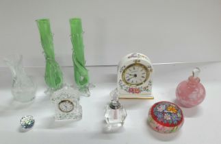 Good collection of glassware to include a Millefiore paperweight, a pair of green glass candlesticks