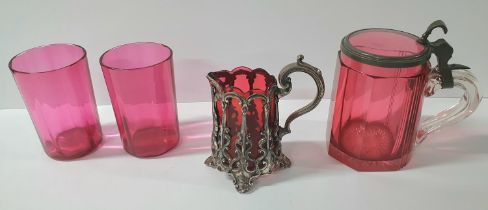 Victorian cranberry tankard with pewter collar & handle together with a cranberry over-laid jug