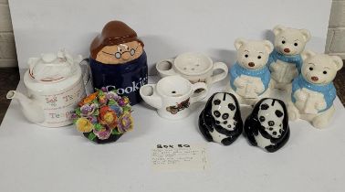 Collection of ceramic items including, three teddy bears, two NatWest panda money boxes, Tetley