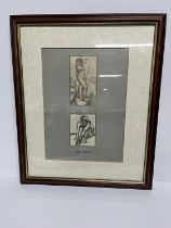 Framed pencil sketch of 2 naked ladies, both unsigned but ascribed to Leon Kossoff on the mount