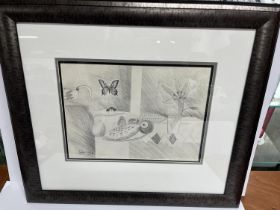 Modernist graphite drawing of still-life of fruit, bears signature and dated "Fedden 1972", in