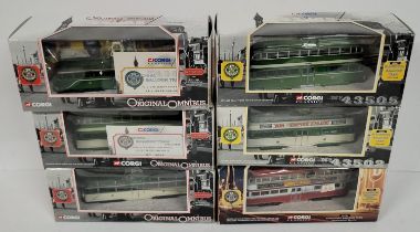 Collection of six corgi die cast trams and omnibuses (6)