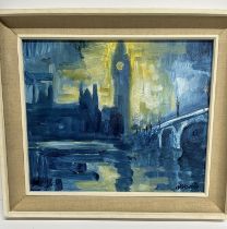 Attributed to James Laurence Isherwood framed oil on board 'London Landscape' Houses of parliament