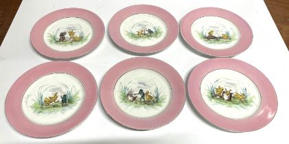 Six Victorian hand-painted plates depicting scenes featuring a newly hatched Chick and a Frog (6)