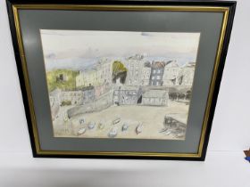 Attributed to Margaret Melling watercolour of a Boatyard scene, initialed M M, framed 29cm x 36cm