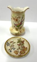 Crown Ducal blush ivory vase bird design together with Worchester flower pin dish (2)