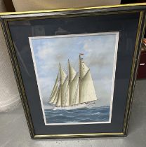 Unsigned Hong Kong school gouache picture of the British clipper "Nina" at sea in modern frame,