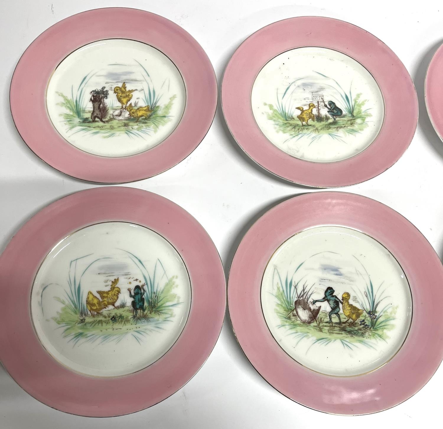 Six Victorian hand-painted plates depicting scenes featuring a newly hatched Chick and a Frog (6) - Image 2 of 3
