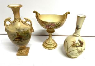 Royal Worcester hand-painted antique two-handled vase with Pheasant decoration together with a Royal