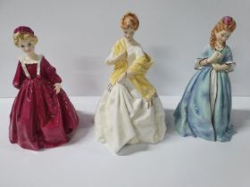 Three Royal Worcester ladies by F G Doughty, Sweet Anne (no 3630), First Dance (no 3629) and