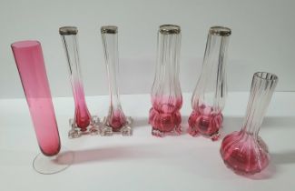 Four silver hallmarked topped Victorian cranberry glass bud vases together with 2 other Victorian