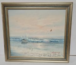 L. Marcus oil on canvas painting of beach with seagulls, framed
