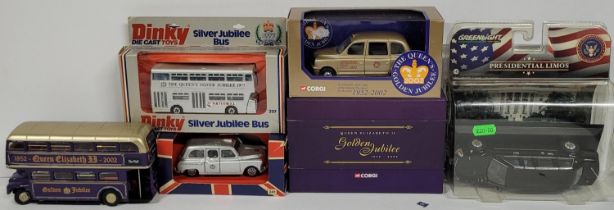 Collection of die cast models including greenlight Cadillac limo and "gold plated" corgi tram (Qty)