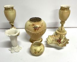 Pair of antique Royal Worcester blush vases together with four other, mainly Royal Worcester hand-