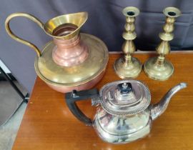 Collection of metalware, a copper jug, kettle and a pair of brass candlesticks (4)