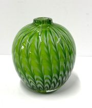 Green glass feathered squat vase with white decoration