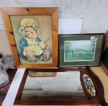 two pictures and a mirror, one of a bear and one signed by K.Melling (3)