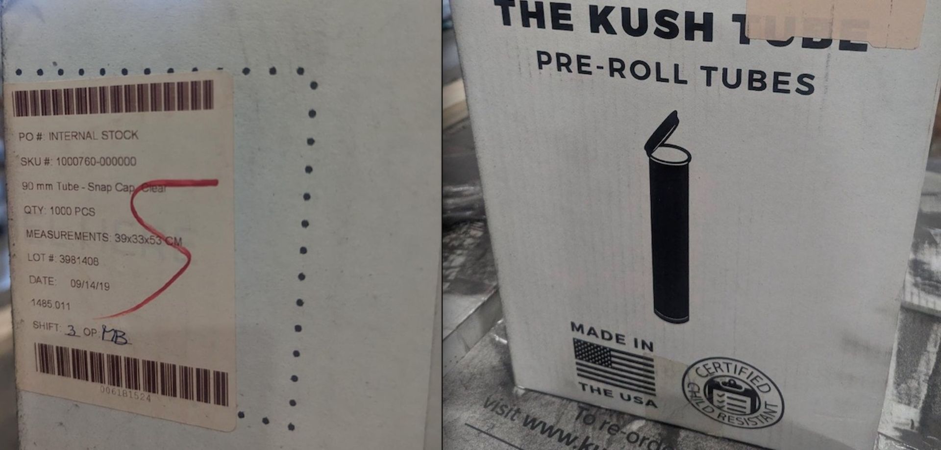 Lot of 26,000 Unused "The Kush Tube" 90 mm Snap Cap Joint Tubes. SKU 100760-000000. Color: Clear
