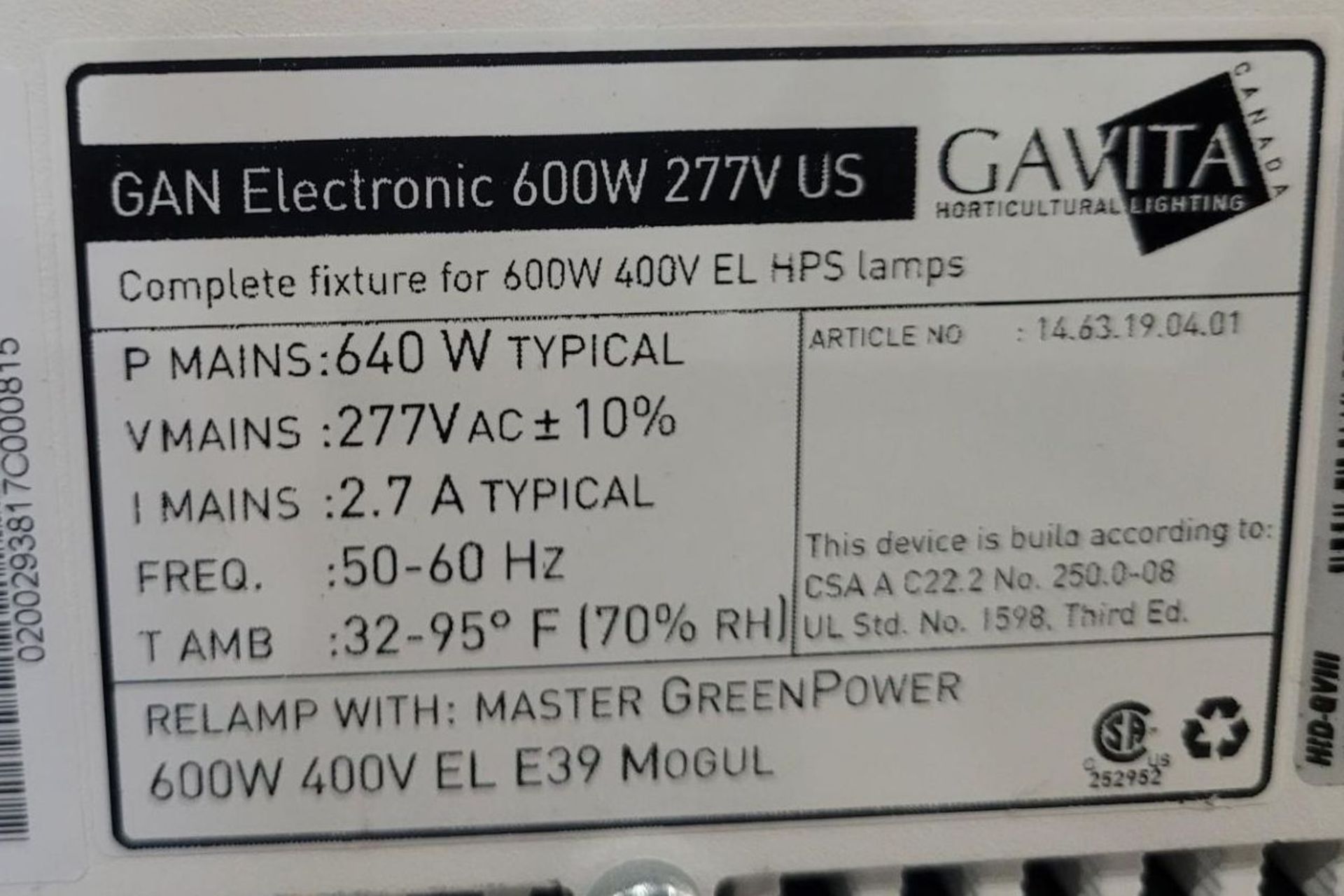 Lot of (50) Used Gavita Pro Grow Lights 600 SE Fixture 277 Volts. - Image 2 of 2