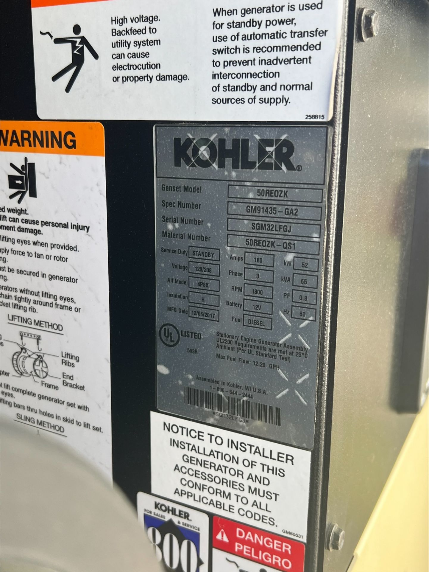 Used Kohler Industrial Diesel Generator w/ Transfer Switch. Model 50REOZK. - Image 4 of 9