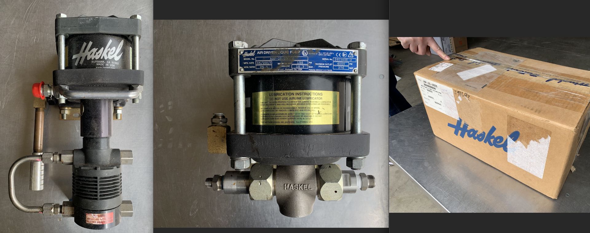 Lot of (3) Used Haskel Pumps. (1) 59025-2 Refrigerant Recovery Pump & (2) Liquid Pumps. Model ASF-25