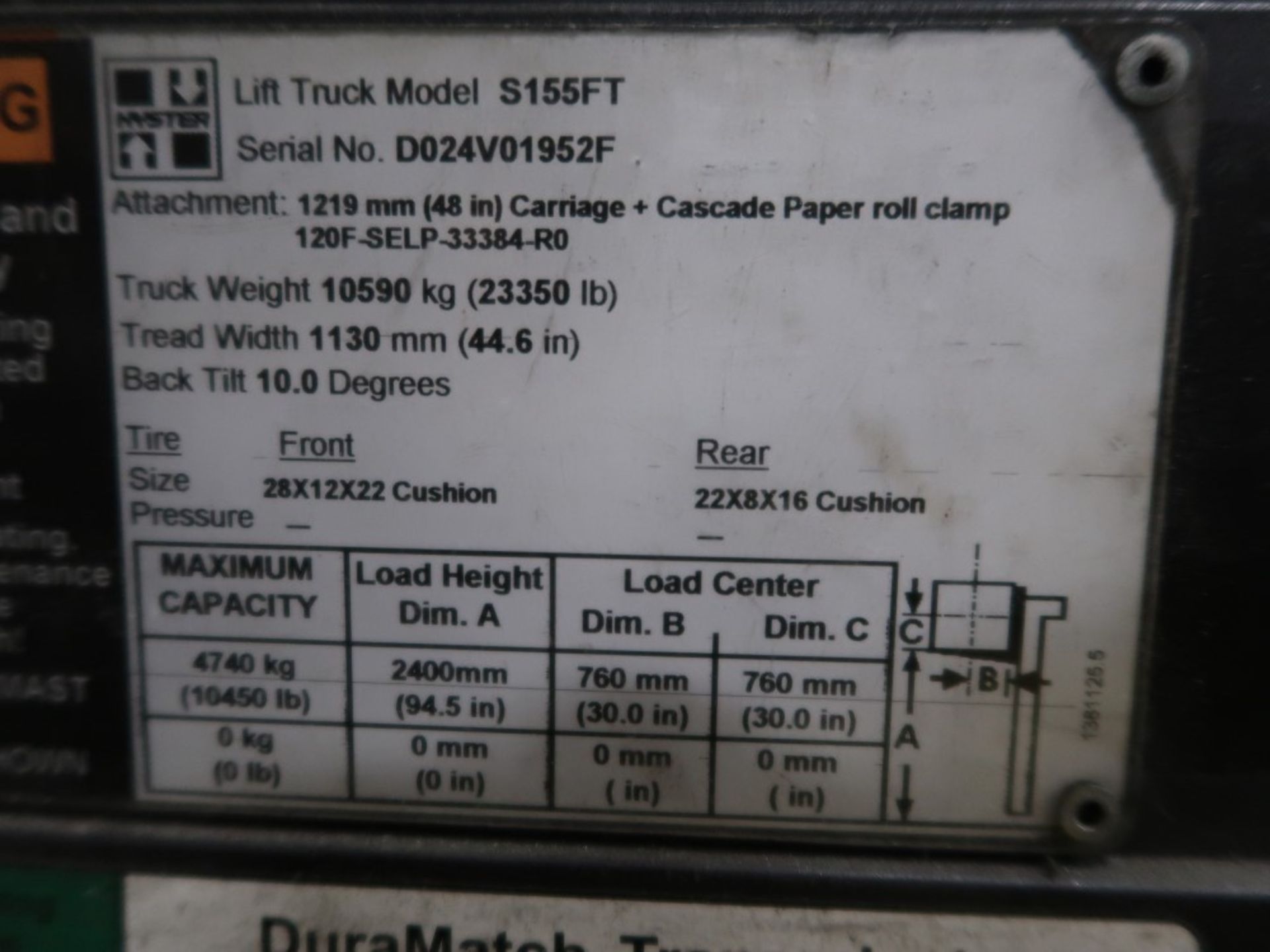 Hyster 10,450 Lb Cap LPG Forklift w/ Roll Clamp Model S155FT (NOT RUNNING) - Image 7 of 8
