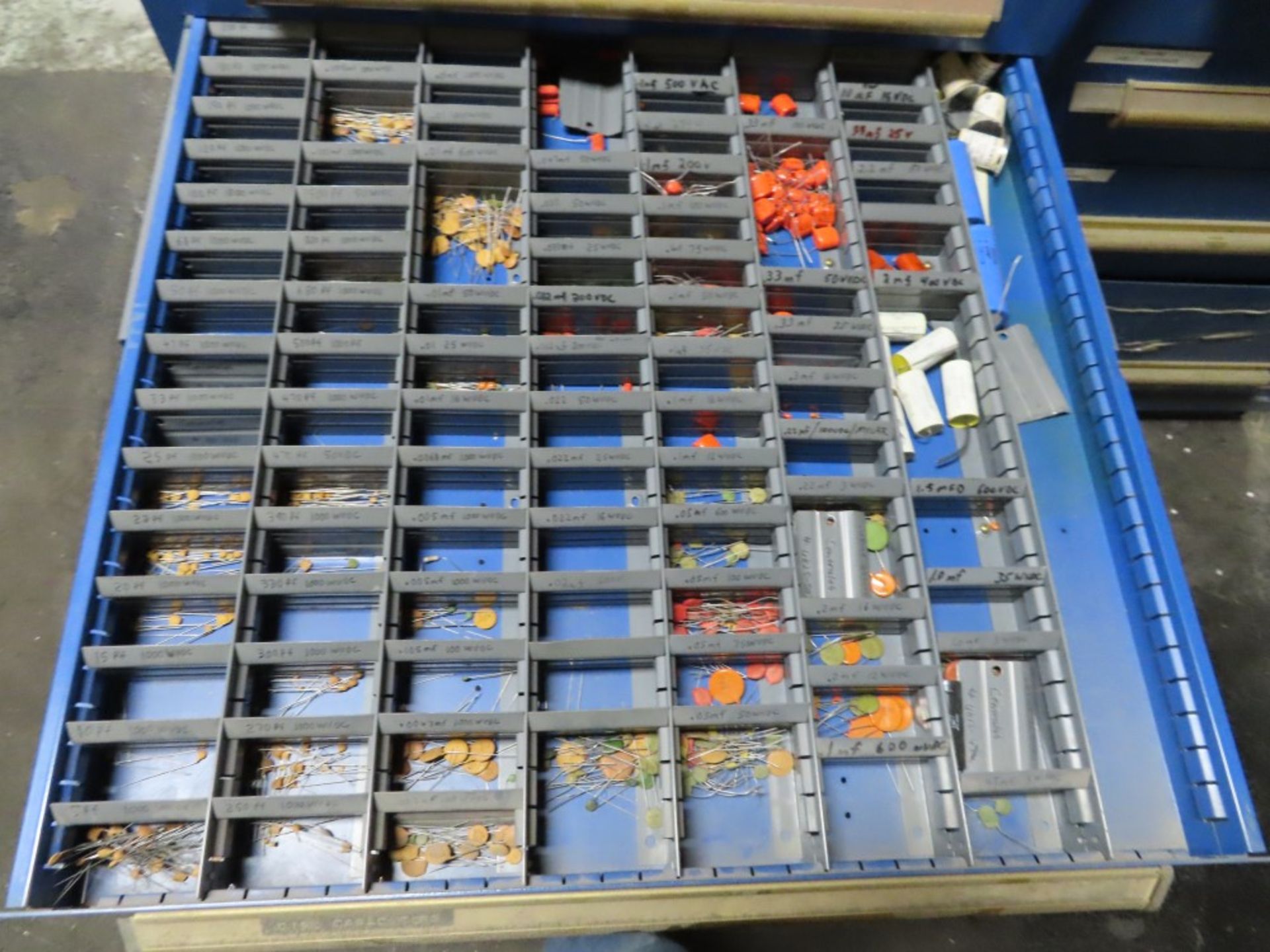 EQUIPTO 16-DRAWER CABINET, W/ CEPROM CHIPS, CAPACITORS, RESISTORS, DIODES, ELECTRICAL COMPONENTS - Image 3 of 4