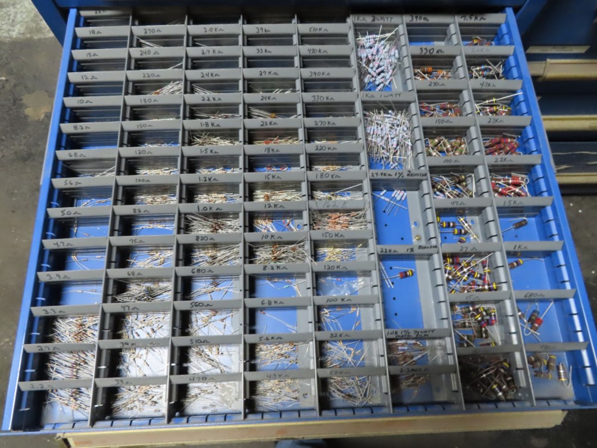 EQUIPTO 16-DRAWER CABINET, W/ CEPROM CHIPS, CAPACITORS, RESISTORS, DIODES, ELECTRICAL COMPONENTS - Image 2 of 4