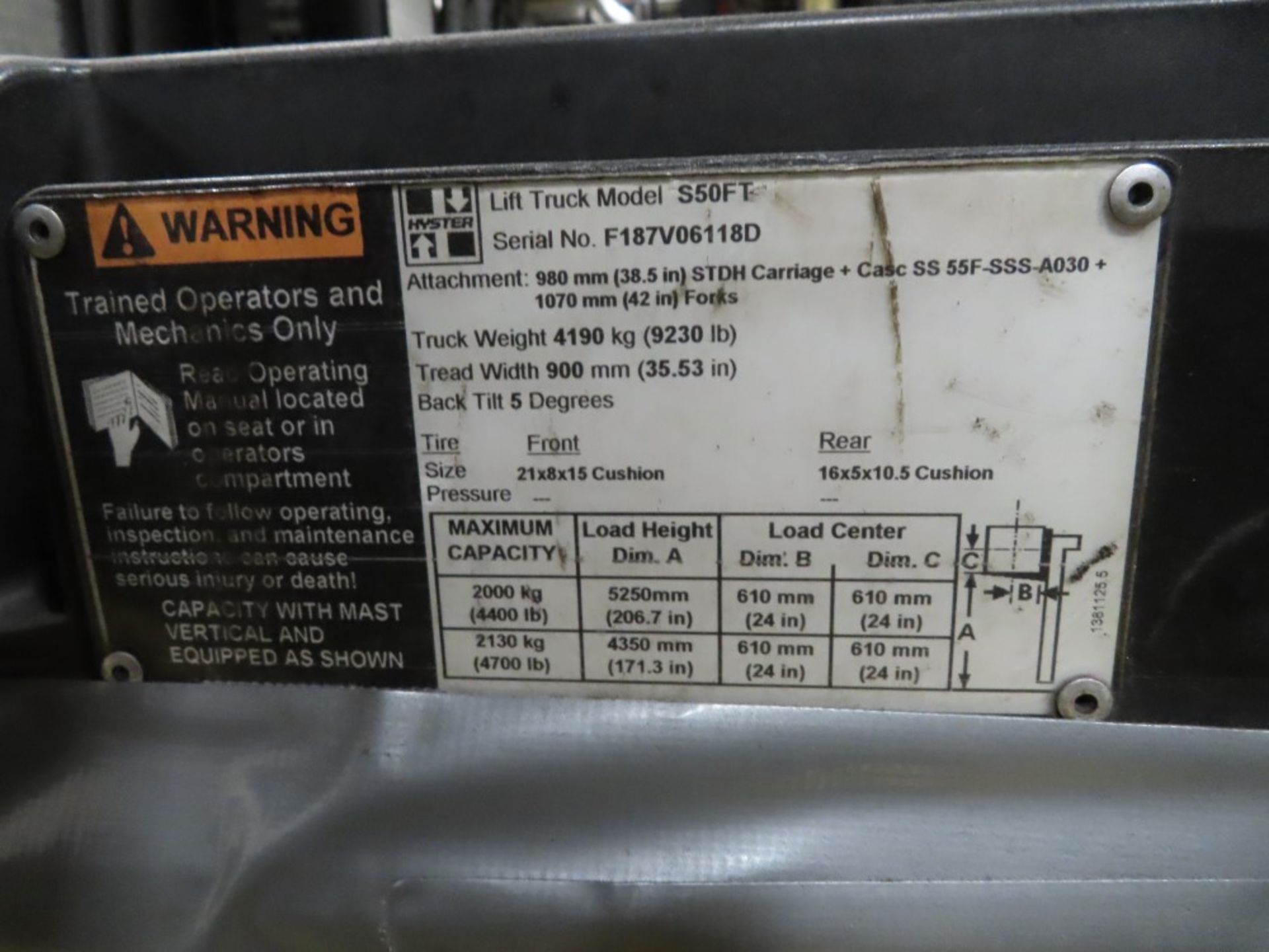 HYSTER FORTIS 50 MDL. S50FT 4,700LB. CAPACITY PROPANE FORKLIFT TRUCK - Image 4 of 5